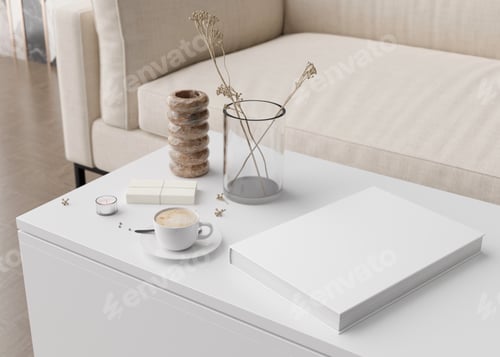 Preview: White book cover mock up with coffee cup, vase and other home accessories on white table.