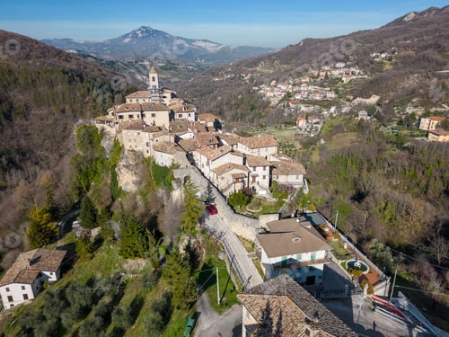 Preview: Aerial view of the historic Castle Trosino and nearby cliffs in Ascoli Piceno, Marche, Italy