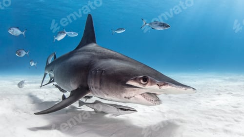 Preview: Great hammerhead shark in shoal of fish, Alice Town, Bimini, Bahamas