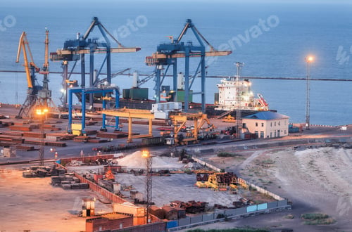Preview: Sea commercial port at night in Mariupol, Ukraine before the war