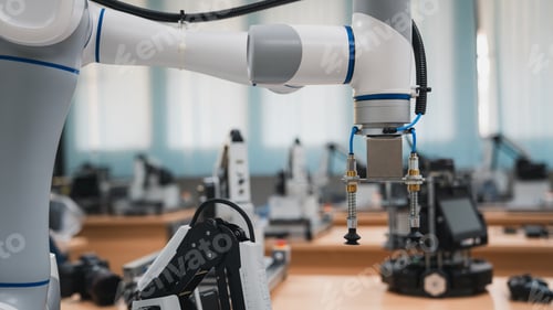 Preview: Automated robot arm for packing and moving metal components into cardboard boxes.