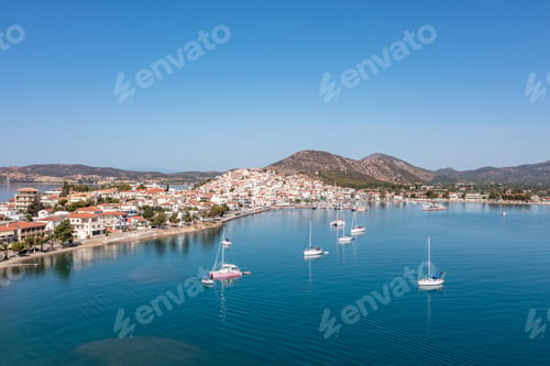 Preview: Greece, Aerial drone view of Ermioni, a small port town in Argolis, Peloponnese,
