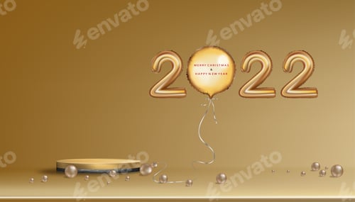 Visualização: 2022 Balões dourados com Feliz Natal, carta de ano novo, exibição de pódio dourado de composição de Natal 3D