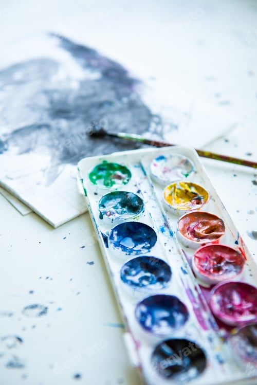 Preview: Colorful Watercolor Palette with Painting and Brush