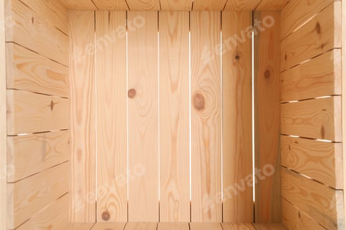 Preview: Open empty wooden crate, closeup. Inside view