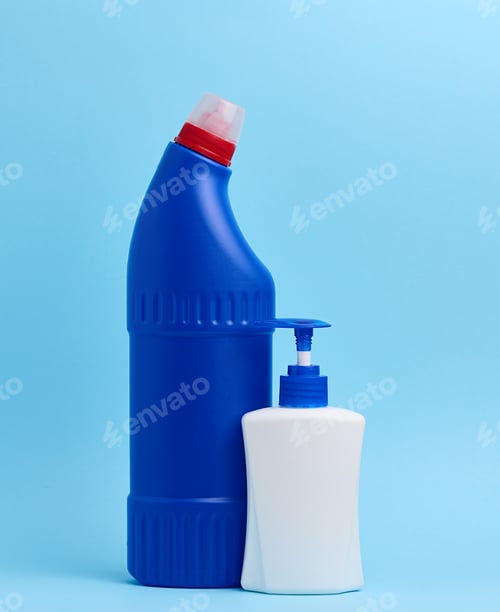 Preview: White plastic bottle with dispenser and blue plastic bottle for chemical detergents