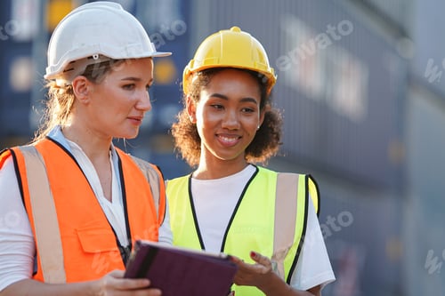 Preview: foreman checking containers in the terminal, at import and export business logistic company.
