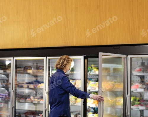 Preview: Supermarket Shopping, Face Mask And Gloves,Man Choosing Frozen Food From A Supermarket Freezer