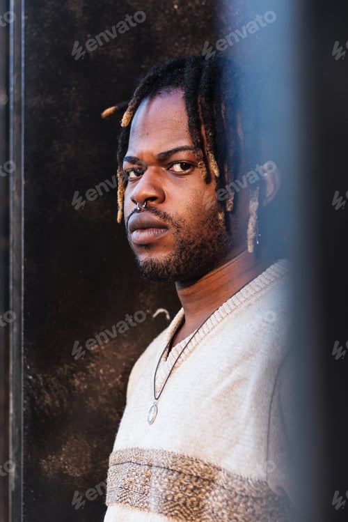 Preview: Stylish black man with dreadlocks in buns