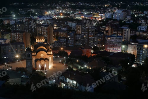 Preview: High angle beautiful scenery of Cityscape, Mitrovica, Kosovo at night