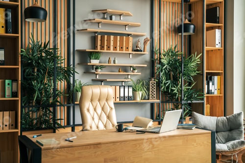 Preview: Modern office of general manager, businessman, ceo. Stylish wooden table, leather chair, interior. W
