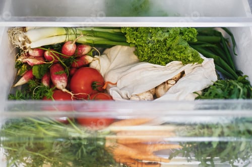 Preview: Zero waste grocery in fridge. Fresh vegetables in opened drawer in refrigerator.