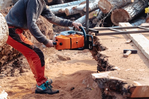 Preview: Closeup of lumberjack cutting tree trunk with giant chainsaw to make wooden planks