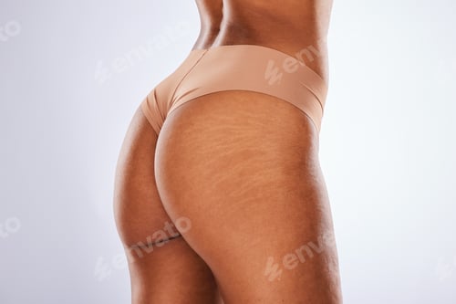 Preview: Underwear, butt and black woman isolated on a white background for beauty empowerment, aesthetic or