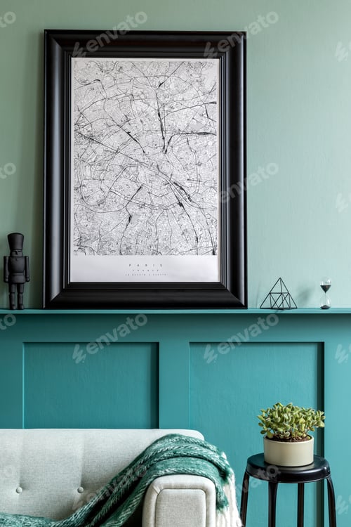 Preview: Stylish interior of living room with mock up poster frame.