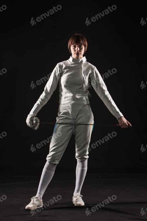 Preview: The Portrait Of Woman Wearing White Fencing Costume And Black Fencing Mask With The Rapier On Black