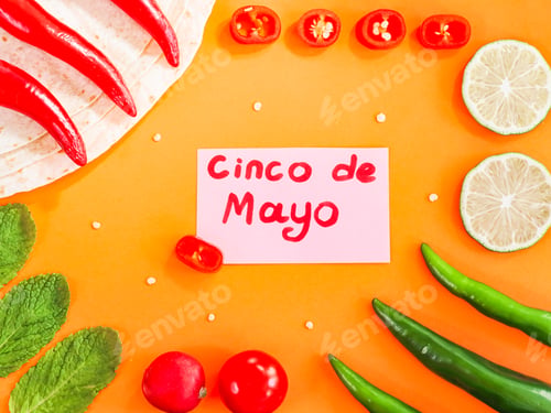 Preview: Pita bread, chilli pepper, lime slices, radish and mint leaves framed on orange background