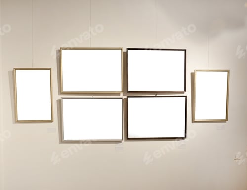 Preview: Blank picture frames on grey wall with glowing lamp, mock up