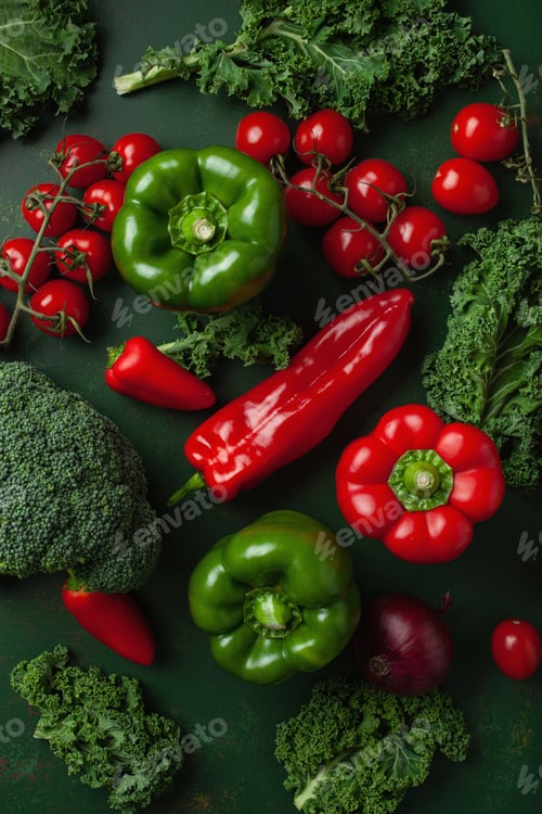 Preview: assorted red and green vegetables tomatoes, bell peppers, kale avocado