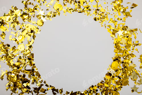 Preview: Composition of close up of new years confetti on white background