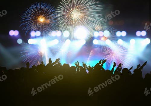 Preview: Crowd Silhouettes Enjoying Fireworks at Night Event