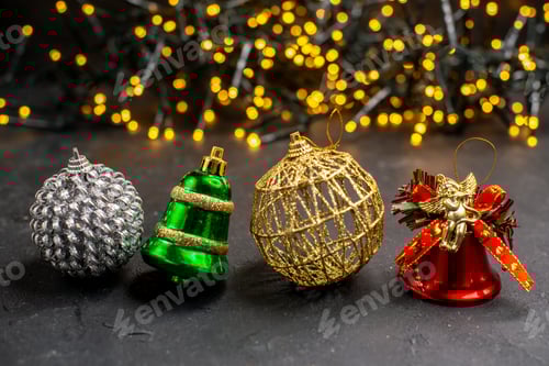 Preview: front view xmas tree ornaments xmas tree lights on background