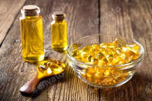 Preview: Fish oil capsules on wooden background