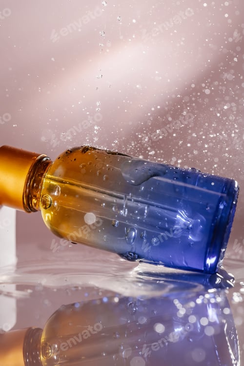 Preview: Cosmetic bottles with water splashes on a pink background.