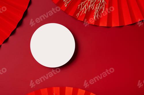 Preview: Mock up podium round stage or pedestal and paper art Chinese new year symbol top view