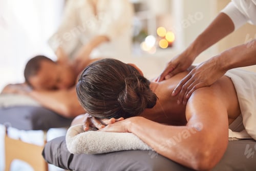 Preview: Massage, relax and peace with couple in spa for healing, health and zen treatment. Detox, skincare