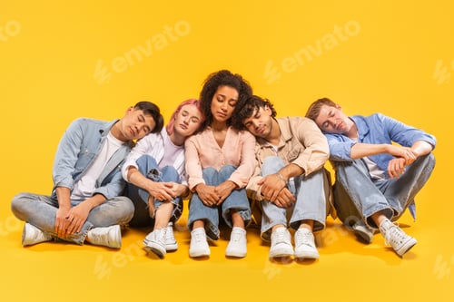 Preview: Five Friends Taking A Nap Together On A Yellow Background