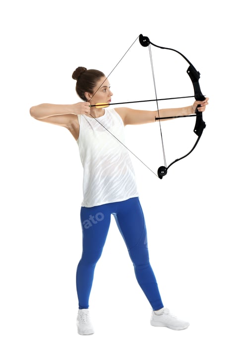Preview: Woman with bow and arrow practicing archery on white background