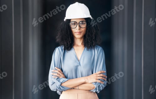 Preview: Architecture, engineering and black woman leader portrait at construction site, industrial building