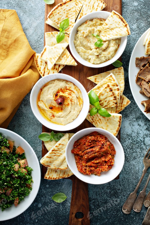 Preview: Mezze board with pita and dips
