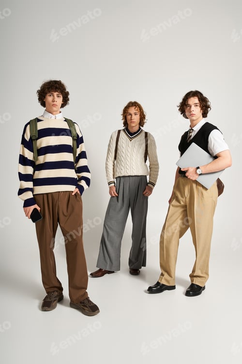 Preview: Young stylish friends showcase trendy outfits and individuality in a modern setting