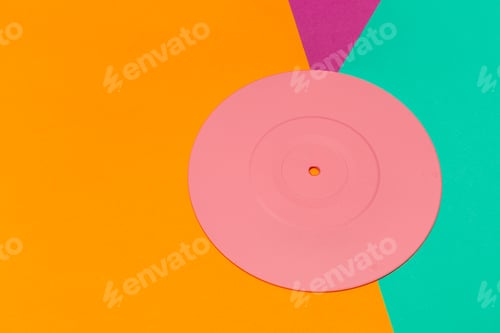 Preview: Colorful vinyl record on a vibrant background with geometric shapes in bright hues