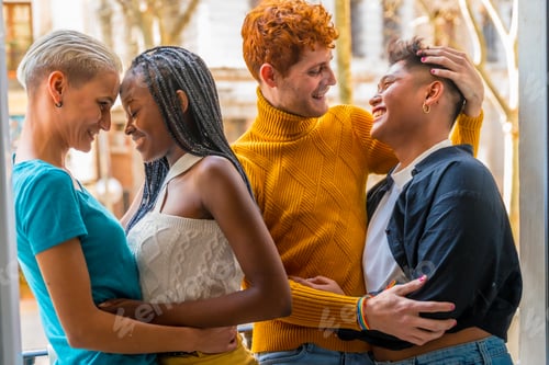 Preview: Portrait of couples of gay guys and lesbian girls hugging together, lgtb concept
