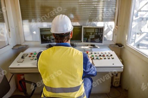 Preview: Male engineer using computers at manufacturing plant