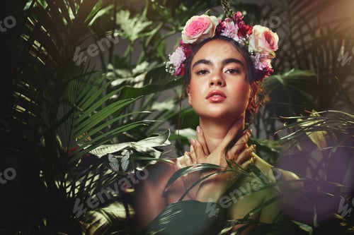 Beauty, rose and crown portrait of woman with tropical palm plants and natural makeup cosmetics. Fl