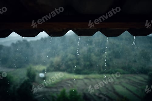 Preview: Rain falls, water flows down the roof of a house on a rainy day in the countryside.