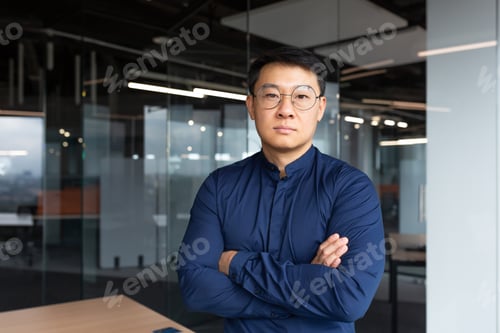 Preview: Portrait of asian businessman inside modern office, boss in glasses serious looking at camera, man