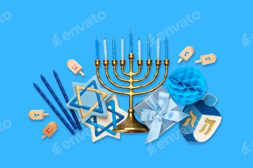 Preview: Cozy Hanukkah scene: gold menorah, dreidels, blue decor