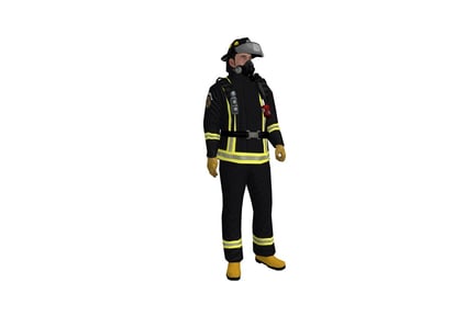 Preview: Firefighter in black and yellow uniform with gas mask
