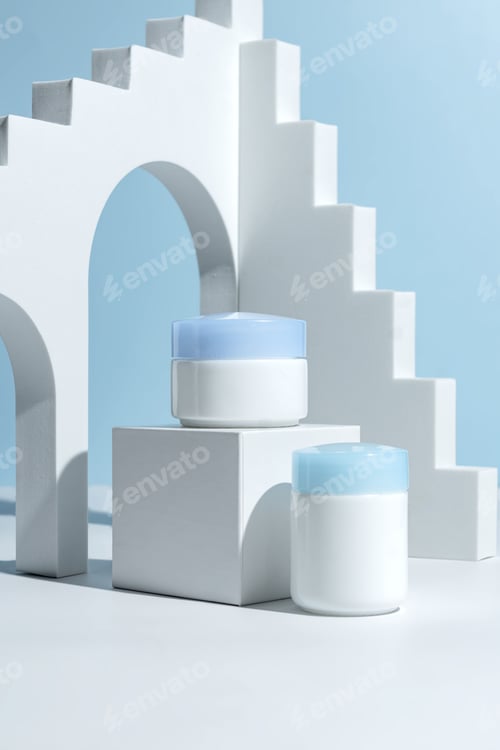 Preview: Concept of day and night treatment care. Cosmetic products in white jars, beauty product