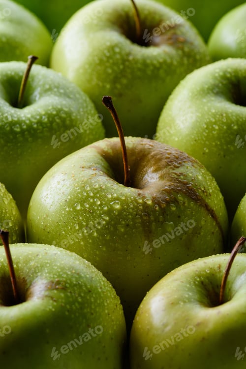 Preview: close up view of water drops on fresh green apples backdrop
