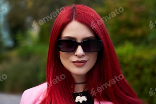 Preview: Young woman with vibrant red hair wears denim jacket in a city park