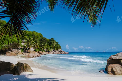 Preview: Anse Patates beach, La Digue Island, Seyshelles, white beach with blue ocean and palm trees