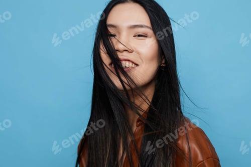 Preview: Background woman happy trendy studio girl asian blue smile