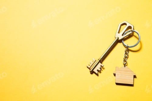 Preview: Key chain in the shape of wooden house with key on a yellow background