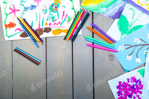 Preview: Child pictures. Kid drawings. Flat lay. Copy space.